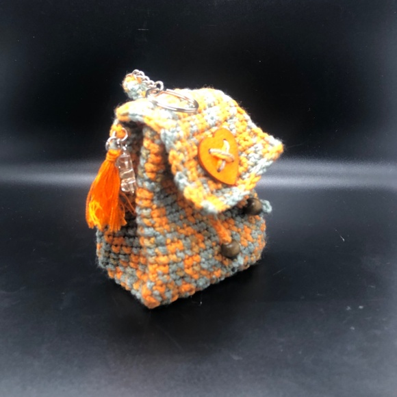 Handmade Crochet Mini Bag Keychain –Orange & Grey Key Ring w/Heart Button Tassel - Picture 1 of 11